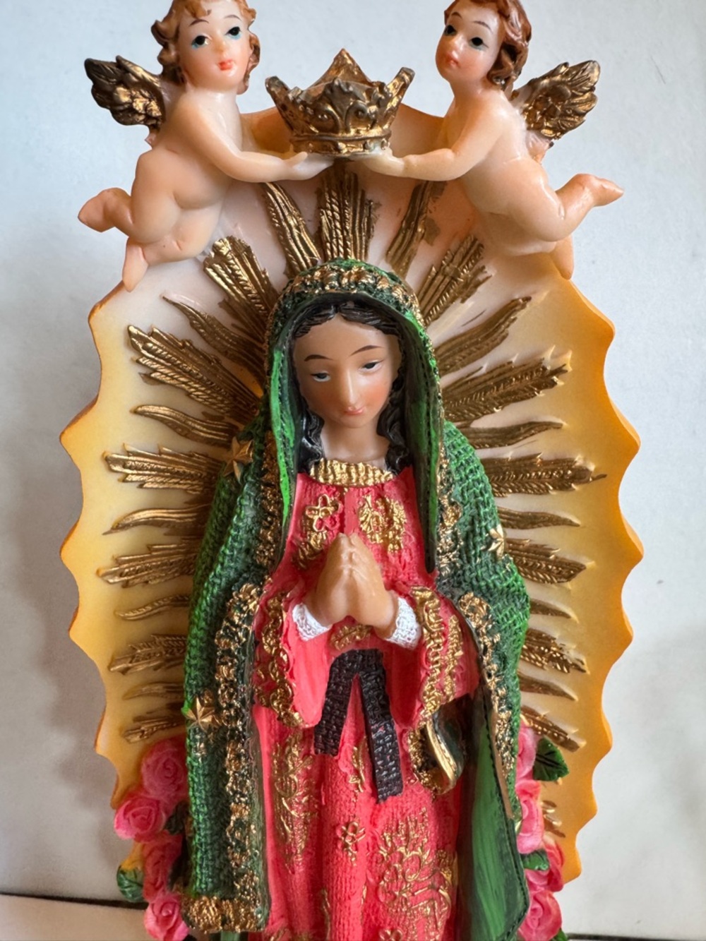 Virgen de Guadalupe Statue with Gold Accents and green robe and angels flying